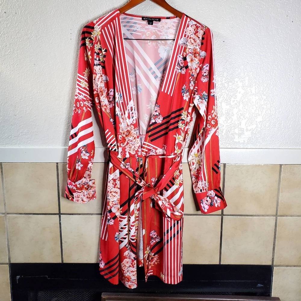 Boston Proper Red floral & stripe wrap dress
